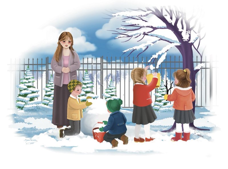 First Snow at School — Digital illustration